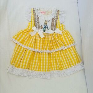 Simtree 100%Cotton Yellow Gingham kids Dress with Lace Trim
